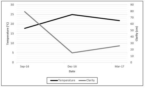 Line plot illustrating temporal dynamics of temperature and clarity