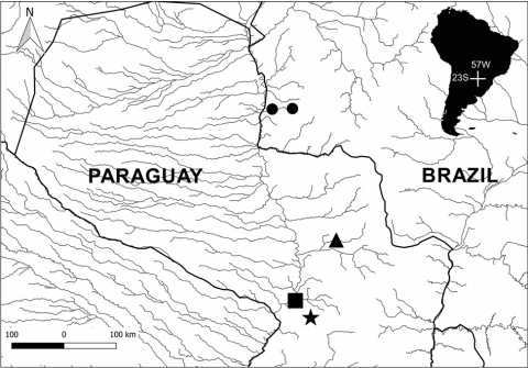 Figure 1. Distribution of Otothyropsis piribebuy within the rio Paraguay basin. Star = holotype; square = paratype; triangle = non-type, from Paraguay. Circles = new occurrence in Brazil.